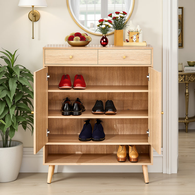 Multi-Functional Shoe Storage Cabinet with Rattan Doors and Drawers, Bois naturel