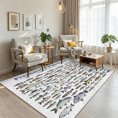 Clear Fish Various Drawn Color English Species River Lake Art Cartoon Machine Washable Indoor Area Rug