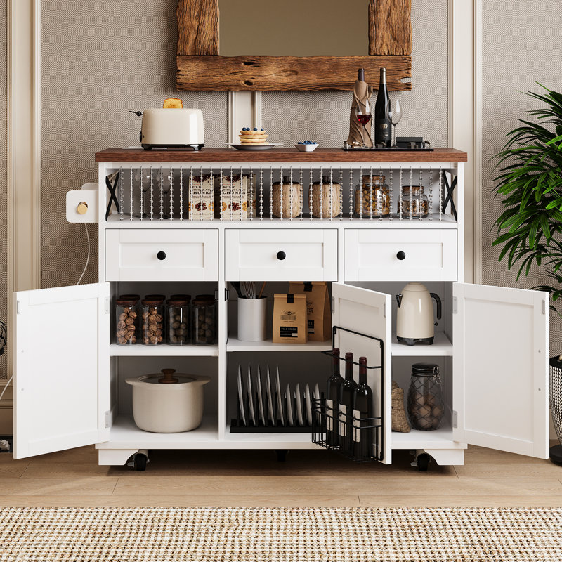 Chariot de cuisine blanc avec rideaux perlés, bloc d'alimentation, 3 armoires, tiroirs, abattants, tablettes réglables, prises de fer internes, finition