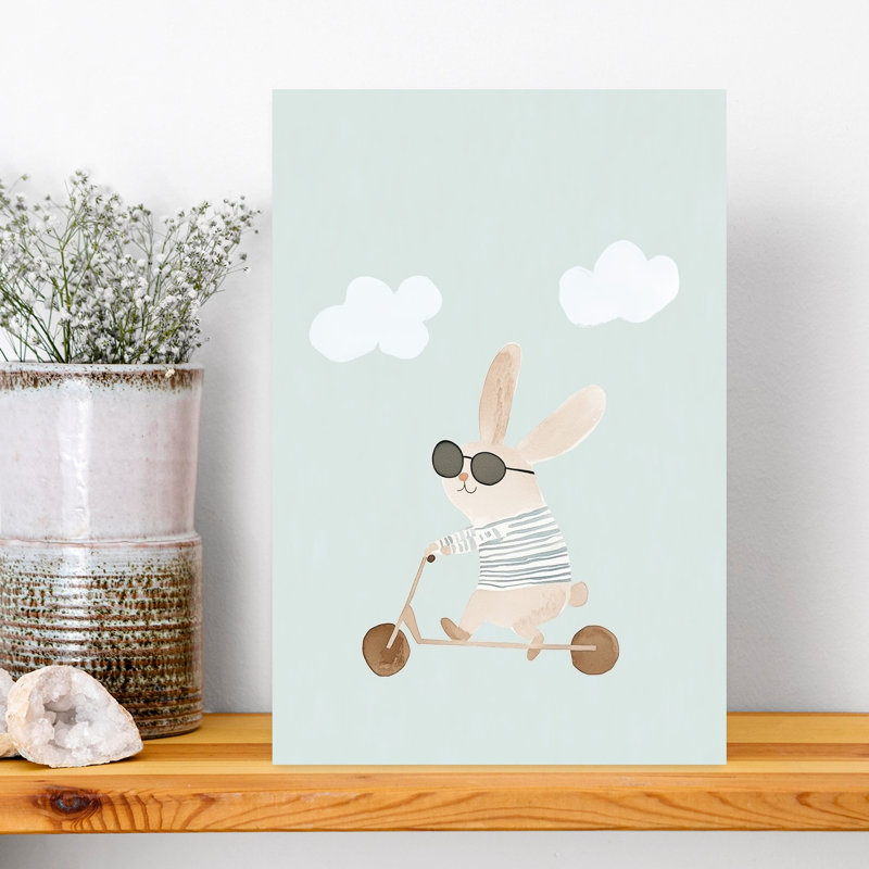 Cool Bunny Scooter Ride Modern Playful Whimsical Rabbit Forest Landscape Wall Art Print by Mathieu - Wrapped Canvas Print