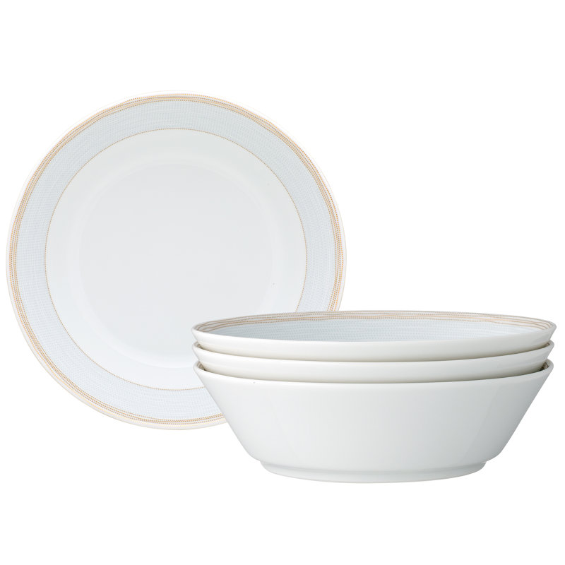 White Ceramic Soup Bowls with Gold Trim, Set of Four