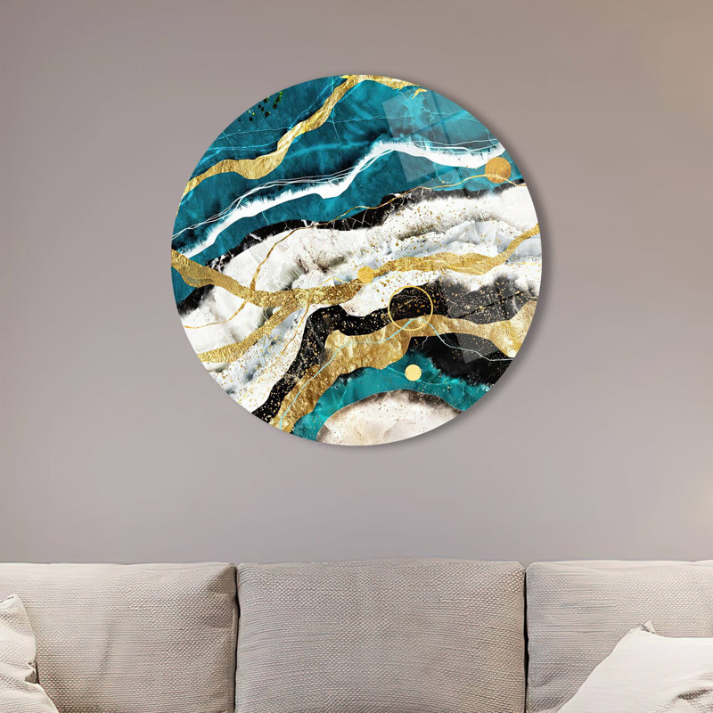 Art mural en verre trempé bleu et doré pour décoration intérieure moderne et technique élégante avec encre à alcool