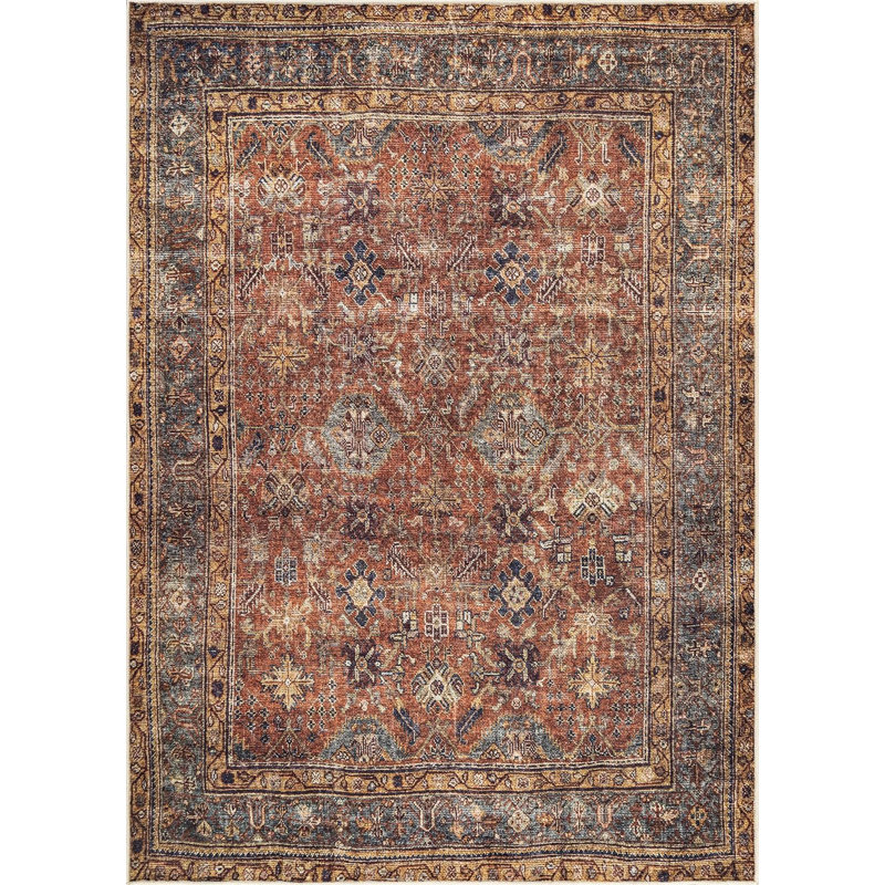 Machine Washable Non-Slip - Terracotta / Mustard Traditional Rug, Rectangle 9' x 12'