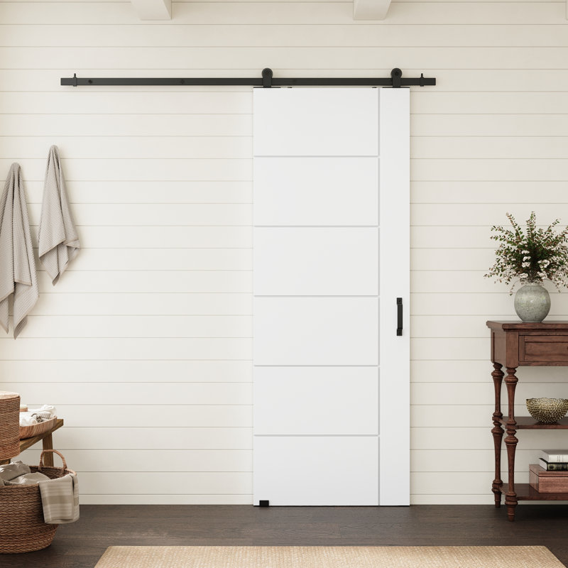 Porte intérieure standard à panneaux plats 6 panneaux 28 po x 80 po, style moderne, en bois massif apprêté blanc, avec ensemble de quincaillerie noire pour porte de grange montée sur le dessus