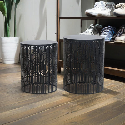Set Of 2 Hollow-Carved Round Metal End Tables