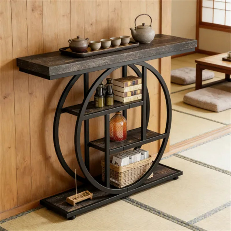 Console industrielle marron rustique avec base circulaire et étagères à 4 niveaux