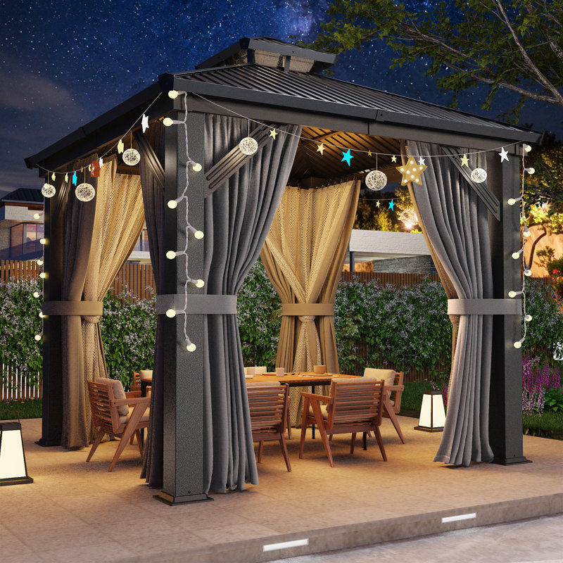 Pavillon de jardin extérieur VIWAT avec toit en acier galvanisé, structure en aluminium, rideaux et filet, 8 x 8 pi