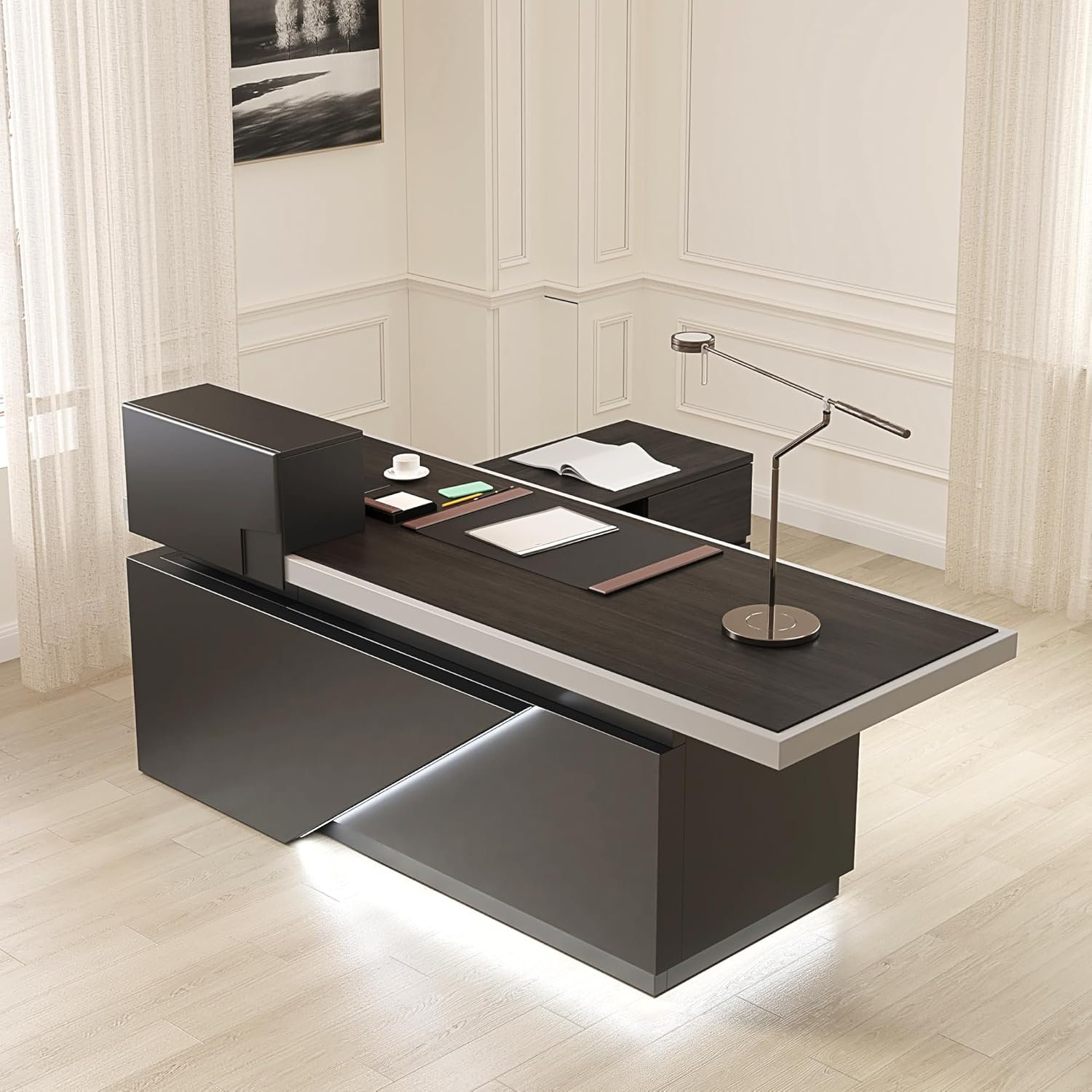 Orren Ellis Multifunctional LED Reception Desk / Modern Executive Office  Table, 78.7"W 86.6"W, Black Woodgrain Finish - Lobby or Admin Workstation |  Wayfair