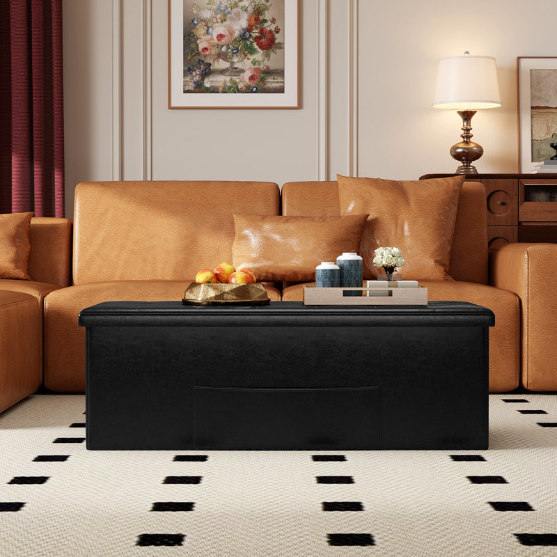 Luyster Faux Leather Ottoman, Black Faux Leather