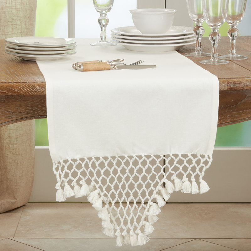 White Cotton Braided Tassel Table Runner 16 x 72 in