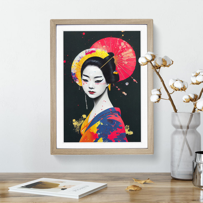 Geisha Painted No.1 - Single Picture Frame Print, Oak, 64cm H x 46cm W x 2cm D
