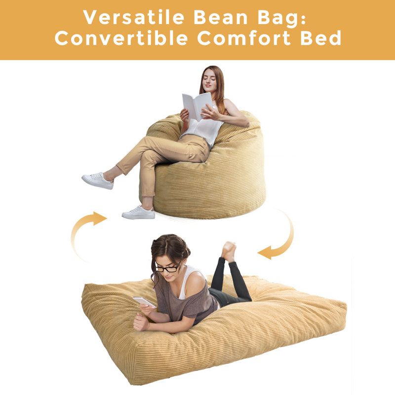 Corduroy Bean Bag Chair & Lounger, Camel Corduroy, 27.6 H x 47.2 x 47.3