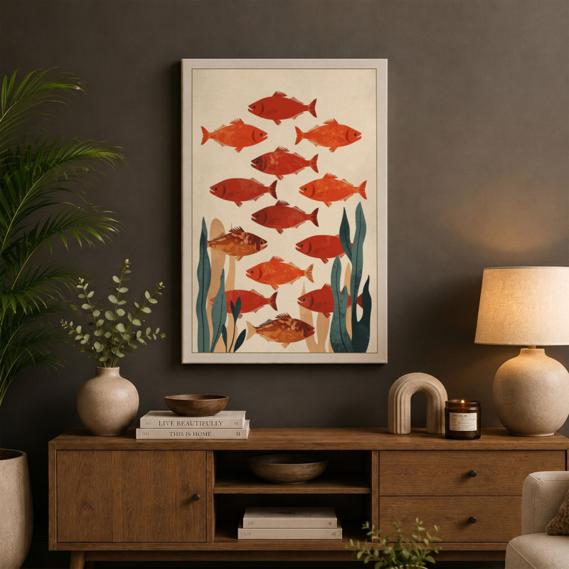 Fish in Water Botanical - Wrapped Canvas, 36x24 - 91.4 x 61.0 cm, Teal Border