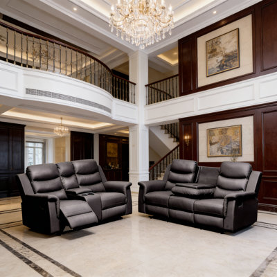 Causeuse inclinable avec housse de console centrale, ensemble de canapé inclinable en cuir manuel, ensembles de meubles de salon, ensemble de canapé inclinable, ensemble de canapé en cuir pour le salon / salon / appartement (noir, canapé 3 places + causeuse)
