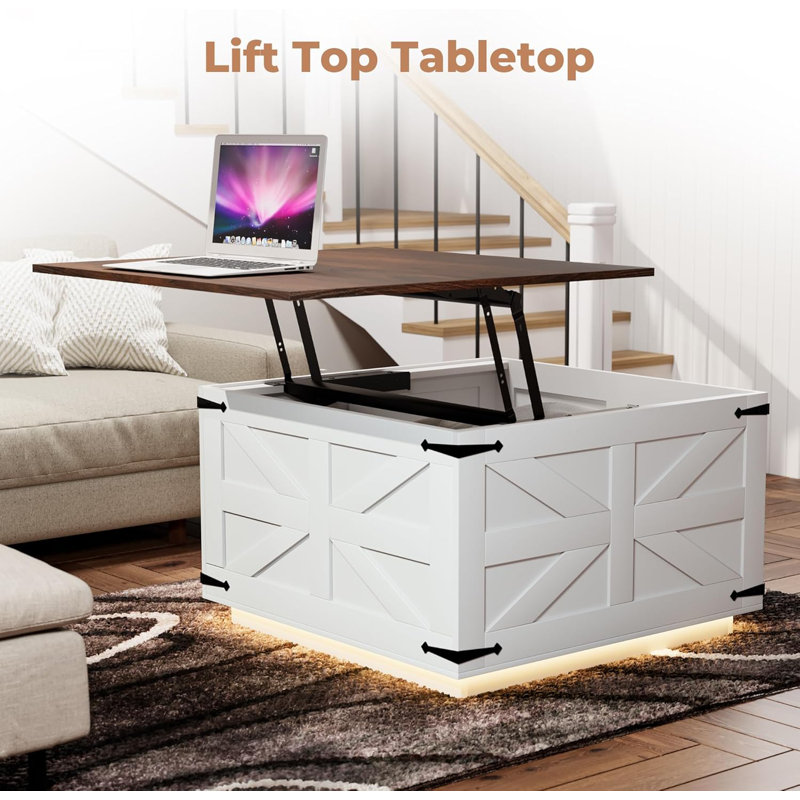 White and Dark Brown Square MDF Lift-Top Coffee Table with LED Lights