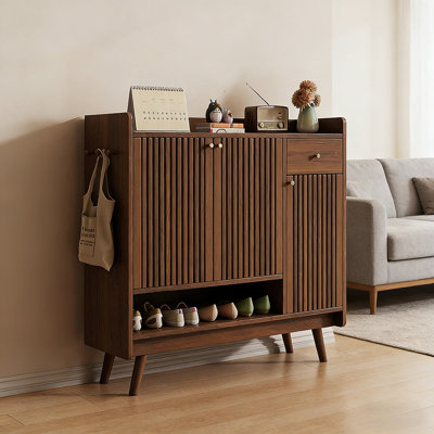 Shoe Cabinet Slatted Design Adjustable Shelves Modern Storage Organizer--Arrtle Furniture