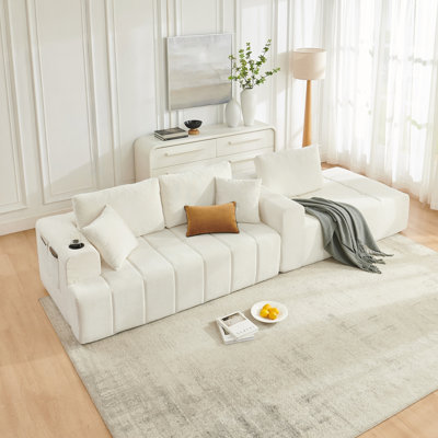 108'' L-Shaped Chenille Cloud Sectional with Cup Holders, Side Pockets, and No Assembly