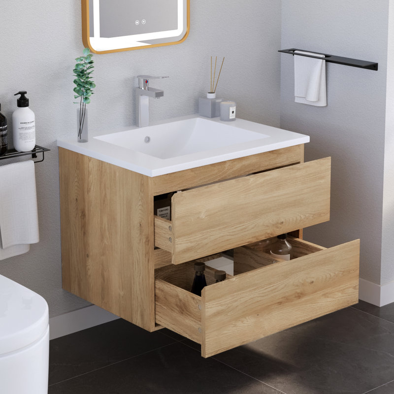 Meuble-lavabo mural 24 po avec lavabo flottant 24 po avec 2 tiroirs, ouverture et fermeture faciles, nature, 24"