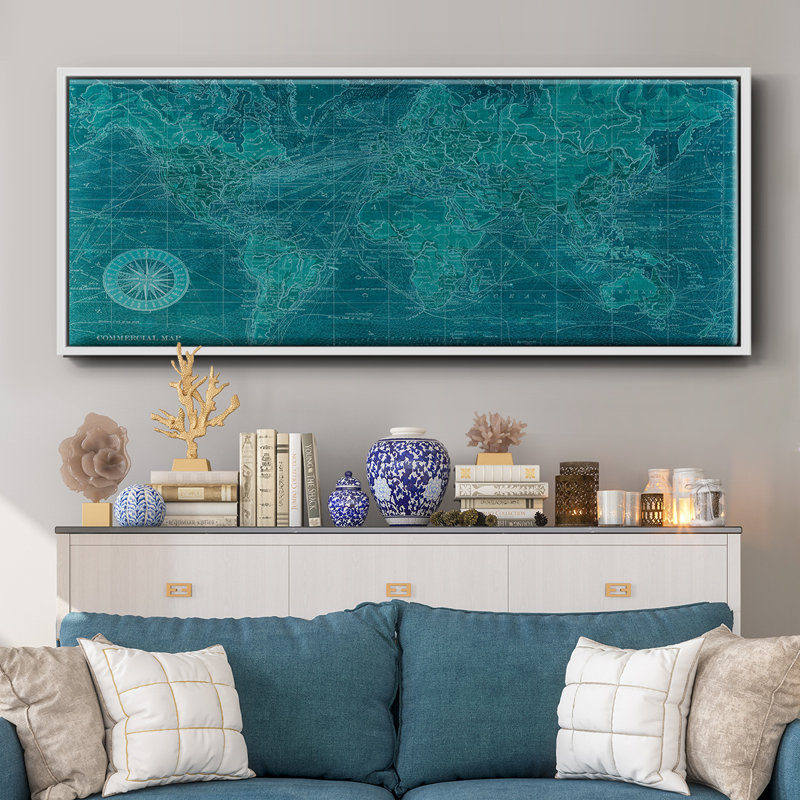 Carte du monde azur - toile encadrée, H 20 po x l 50 po