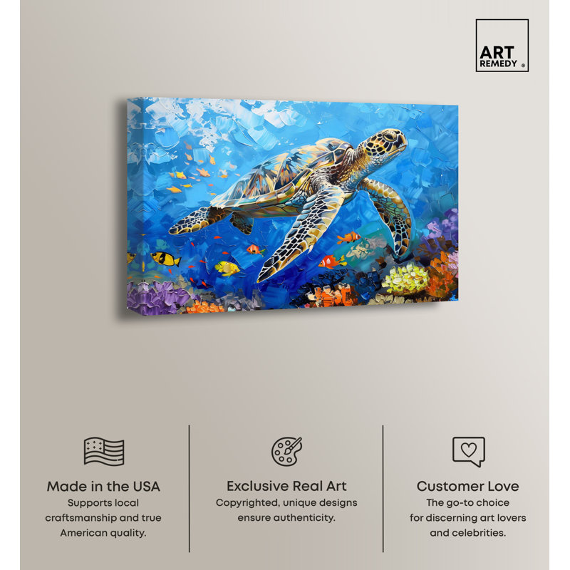 Colorful Coastal Turtle Swimming Canvas Wall Art, 24" x 16"