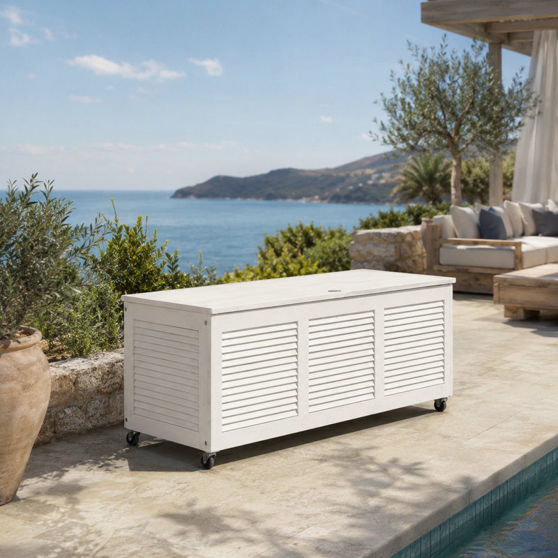 50 Gallon Eucalyptus Solid Wood Deck Box with Wheels, White Washed