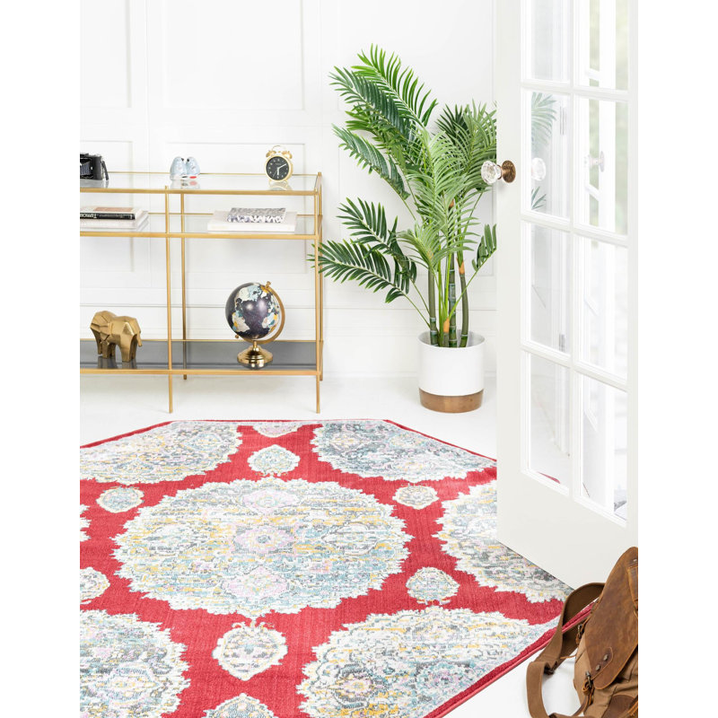 Tapis oriental en polypropylène tissé à la machine en rouge / gris / bleu, Octogone 4 pi