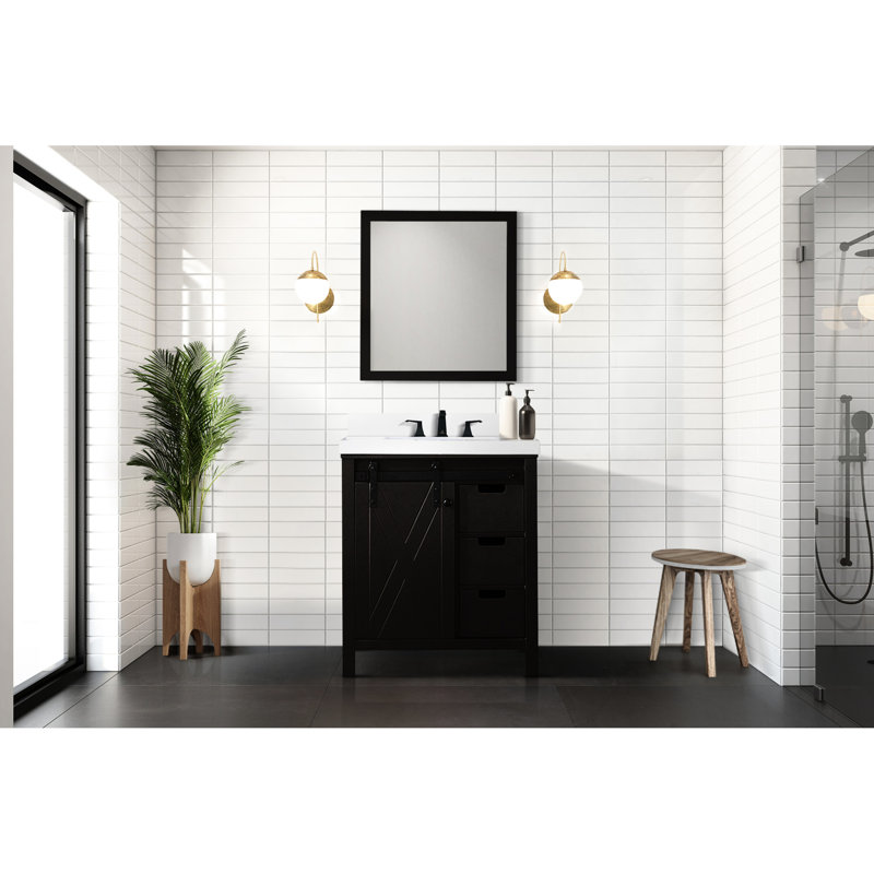 Meuble-lavabo brun de 30 po de largeur avec tiroirs à fermeture en douceur et tablette ouverte, une armoire, trois tiroirs, un espace de rangement, une structure en bois massif, du contreplaqué E0, un meuble d'installation pré-assemblé, un meuble-lavabo,