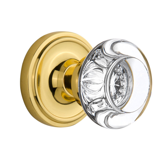 Classic Rosette with Round Clear Crystal Door Knob, Unlacquered Brass