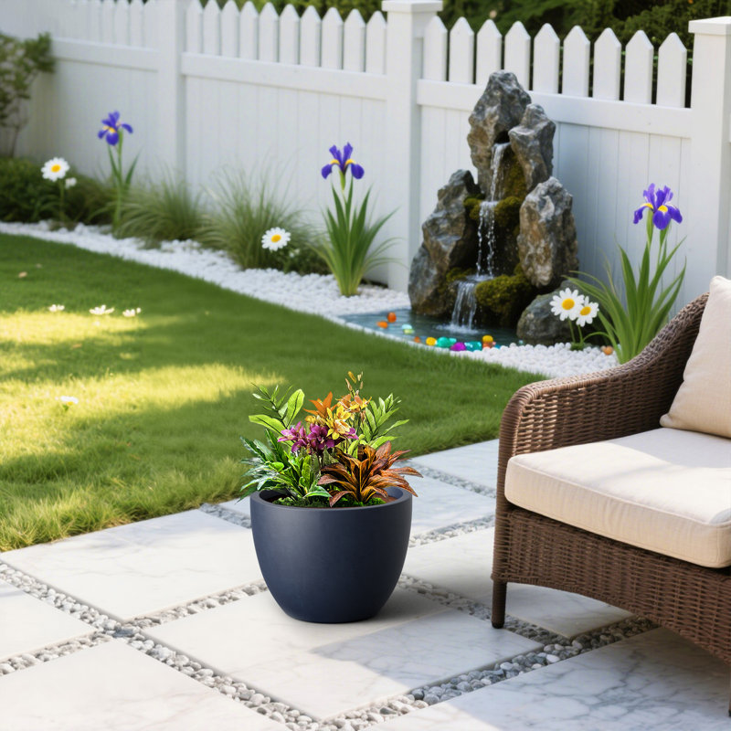 17 in. Medium Navy Blue Concrete Round Planter/ Pot (Upgraded Interior) with Drainage Holes, Navy Blue