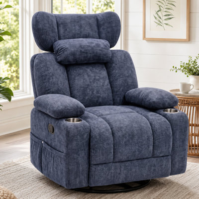 Fauteuil inclinable manuel pivotant de 37,4 po de largeur avec appui-tête réglable, accoudoirs rabattables, porte-gobelets et poche latérale
