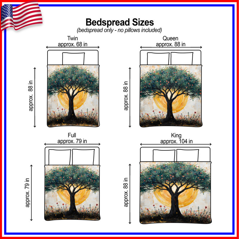 Couvre-lit matelassé arbre avec fond soleil , Double