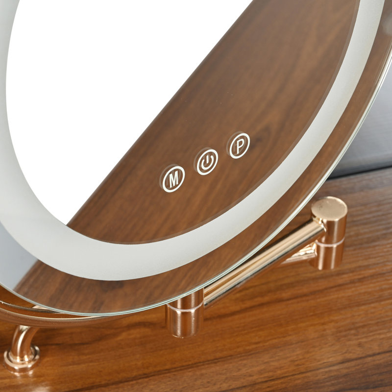 Corner Makeup Vanity Desk With Mirror & LED Lights, Modern Vanity Set With Mirror And Stool, Dressing Table With Large Storage For Small Place, Brightness Adjustable Folding Mirror, Walnut