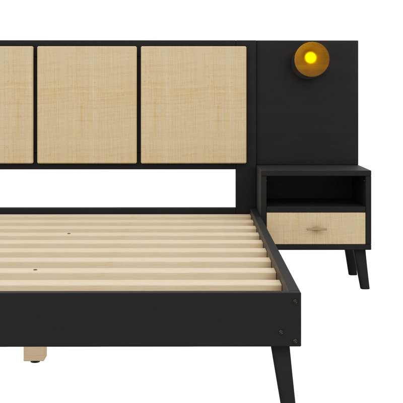 Queen Solid Wood Bed Frame With Matching Nightstands And Lamp-Integrated Design, Black