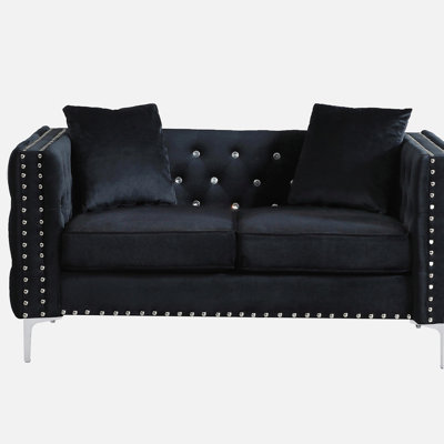 Canapé en velours noir 59,4 pouces de largeur avec boutons ornés de bijoux, accoudoirs carrés, 2 coussins