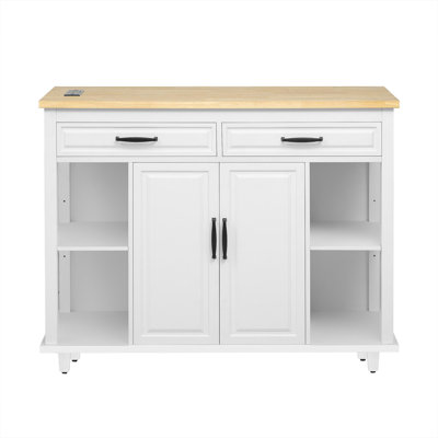 47 Inch Kitchen Island With Extendable Dining Table, Rubber Wood Veneer Kitchen Table With Internal Storage Rack, Power Outlet, Kitchen Island With Storage 2 Drawers 2 Cabinet,White