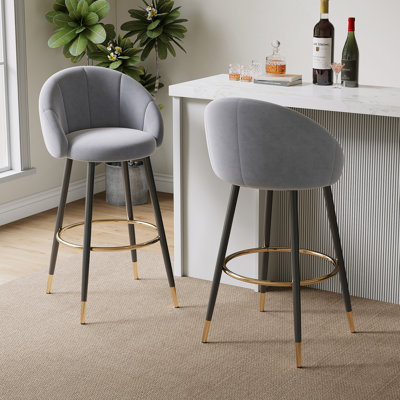 40.5" High Back, Gray Velvet & Gold Metal Bar Stool, 300Lb Capacity, Luxe Modern Design For Home Bars & Cafes, Set Of 2