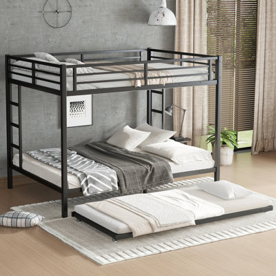 Queen Over Queen Metal Bunk Bed With Twin Size Trundle, Black