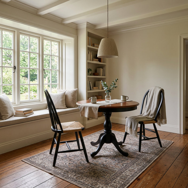 Ensemble de salle à manger rond 3 pièces en bois d'hévéa antique couleur cerisier noir, avec pied central et dossier à barreaux.