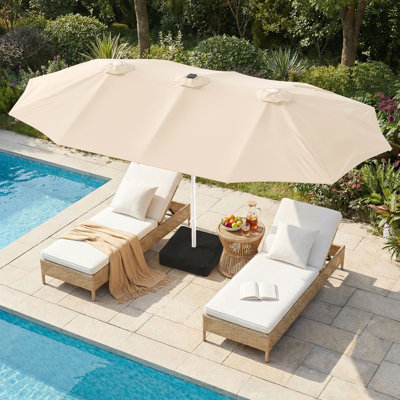 15ft Double Sided Patio Umbrella with Solar LED Lights, Heavy Duty Base & Sandbags Included