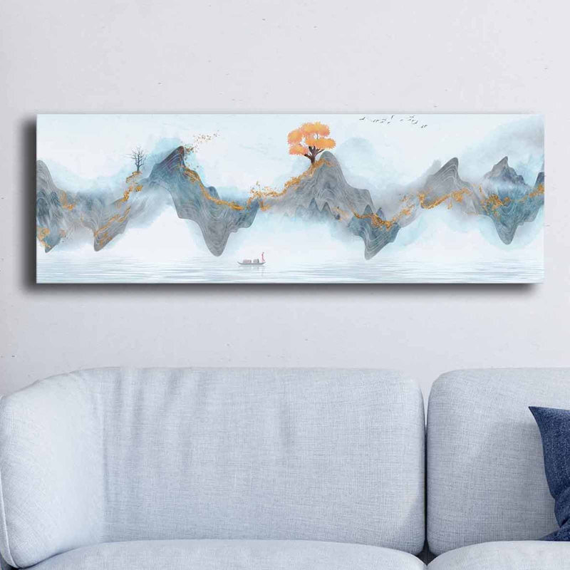 Stunning Decorative Canvas Painting, 11.8 x 35.4 inches | 100% Canvas (Thickness: 0.11 inches) & 100% Pine Wood Frame (Thickness: 0.87 inches) | Vibrant Blue, Salmon, Gold, & White Colors | Perfect for Home & Office Decor