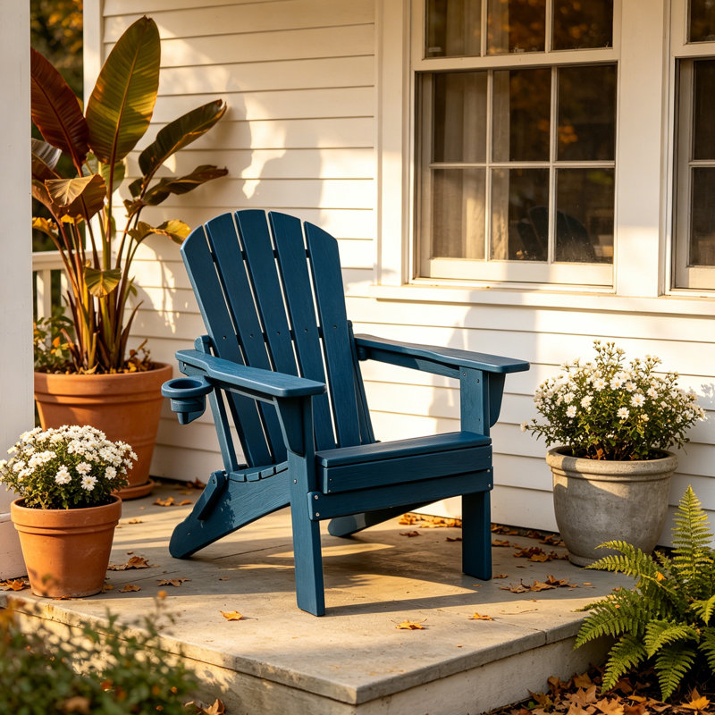 HDPE Folding Adirondack Leisure Chair - Large Space, Suitable For All Weather, Supports Multiple Cup Types, Low Maintenance Needs, Weighs 400 Pounds, Navy Blue 2PCS