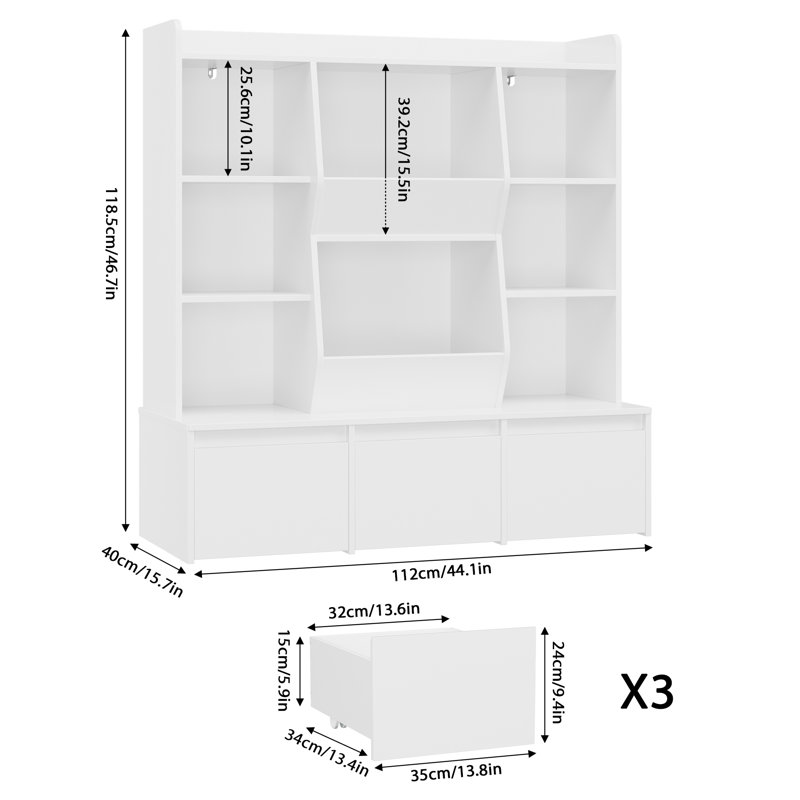 Storage Organizer with 3 Removable Drawers, White Cube Bookcase