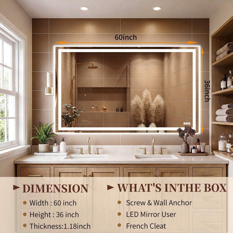 UL Certified Front & Backlit LED Bathroom Vanity Mirror with Lights, Anti-Fog, Dimmable 3-Color Temperature, Memory Function, Tempered Glass Wall Mirror