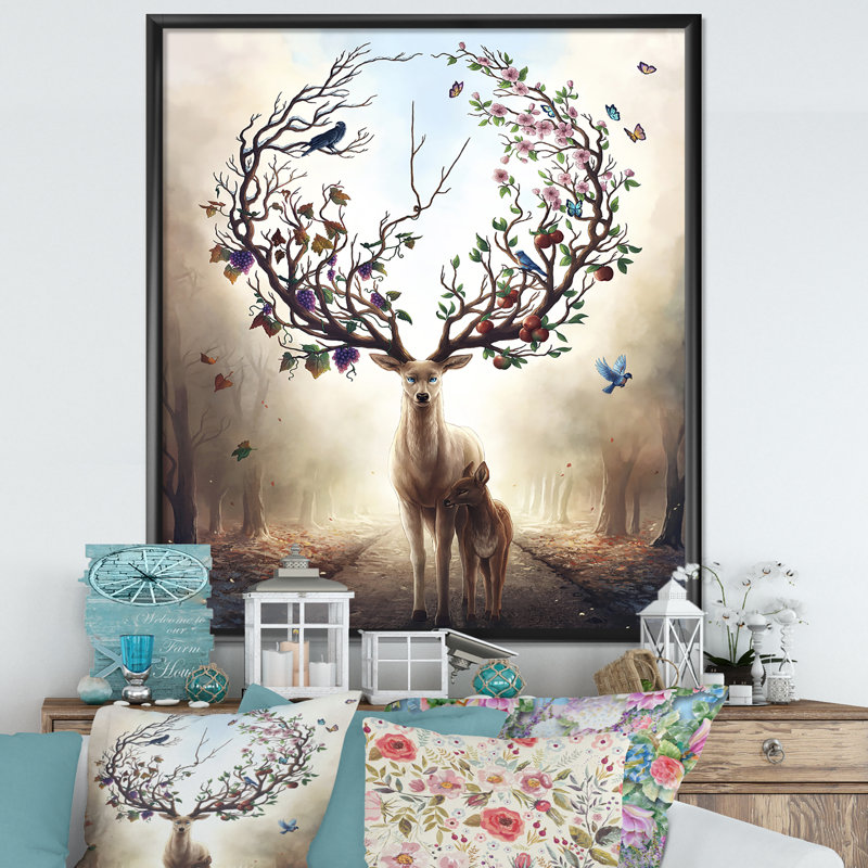 «Deer with Blossoming Antler», reproduction d'art sur toile, H 40 po x l 30 po x P 1,5 po, Cadre noir