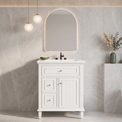 Meuble-lavabo de salle de bain avec lavabo, 1 tiroir rabattable + 2 tiroirs, tablette de rangement réglable intégrée