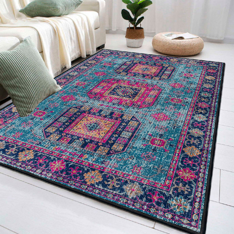 Luxurious 100% Cotton Area Rug, 3.3 x 9.8 ft | Antibacterial, Non-Slip PVC Underside, 0.3 in Pile Height | Machine Washable, Delicate Care Recommended | Vibrant Pink, Orange, Blue & Navy Colors, Perfect for Home Decor