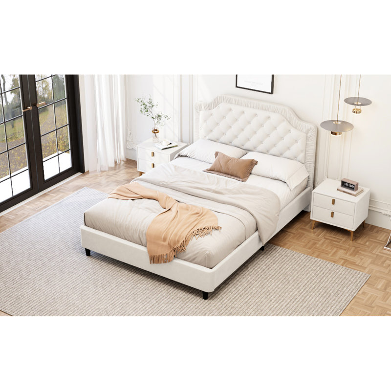 Grand lit tapissier avec tête de lit en velours, sans sommier, bois massif, capacité de poids de 600 lb, Grand lit, Blanc