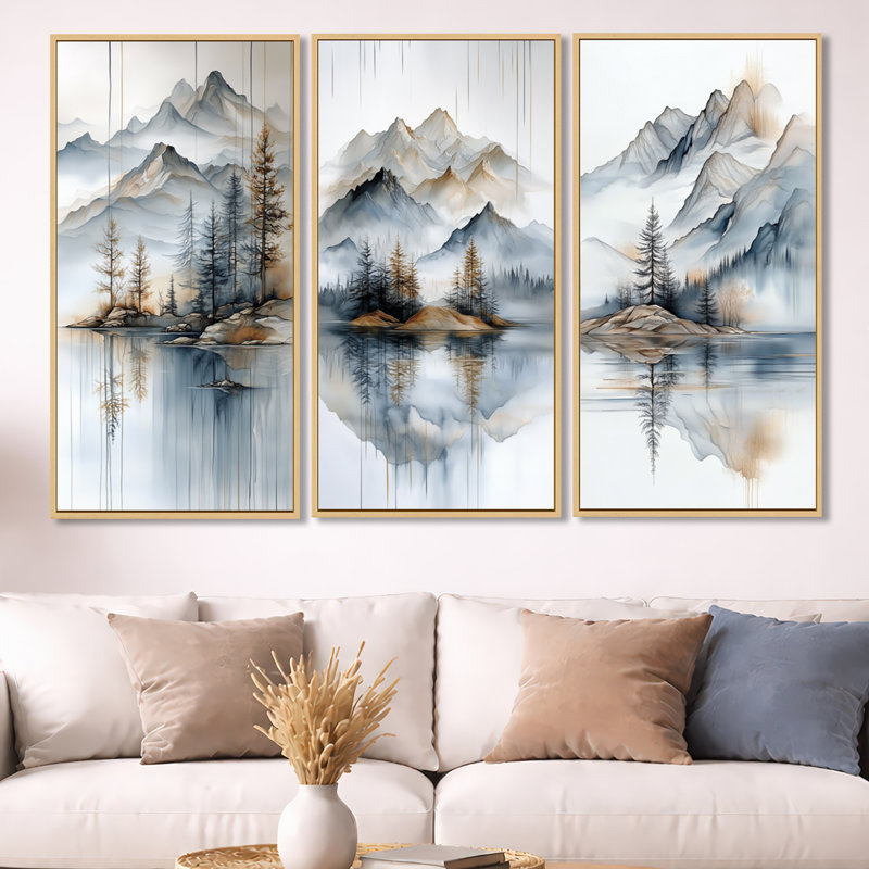 «Elegant Mountain Lake Reflection - Blue Lake», ensemble d'art mural sur toile, Natural Wood Floater Framed, 32" H x 48" W