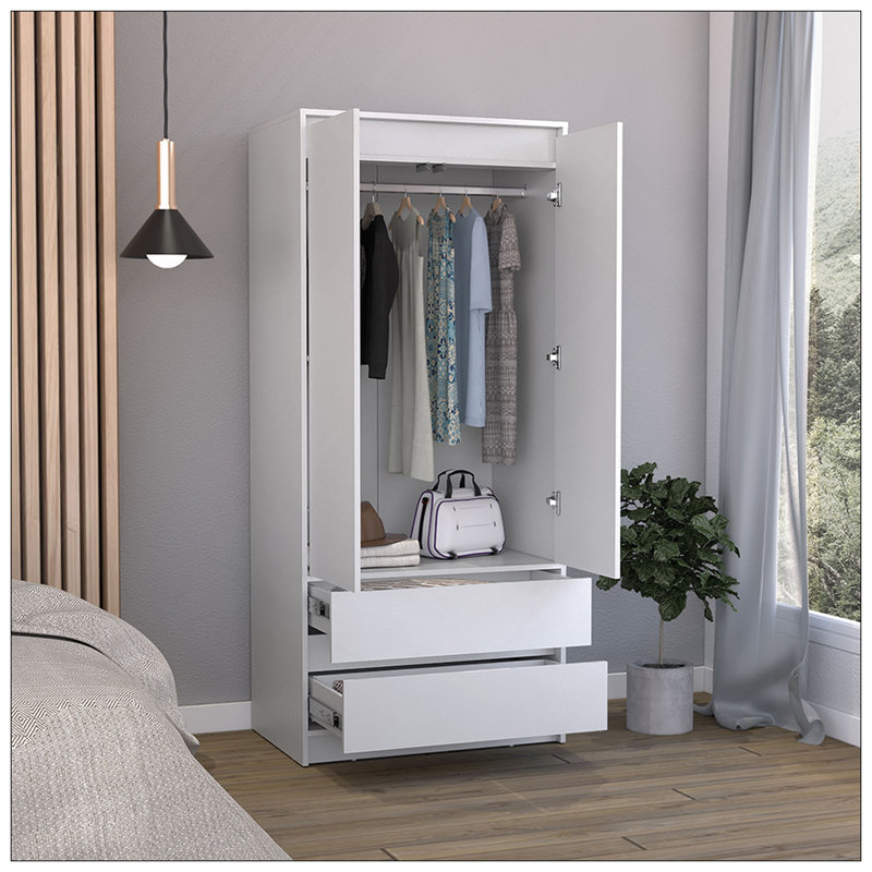 Armoire 2 tiroirs, porte double, tringle de suspension - blanc, Blanc