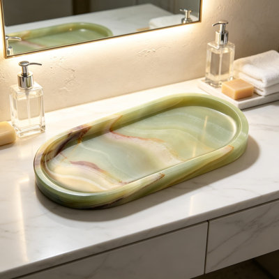Plateau de meuble-lavabo en marbre naturel pour organisateur de comptoir, plat de luxe en pierre ovale pour bijoux, parfum, bougie, salle de bain, décoration de chambre à coucher, 9,8 x 4,4 po, vert olive